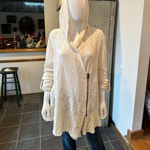 FREE PEOPLE IVORY LACE AND FRENCY TERRY ZIP ASYMMETRIC HOODIE